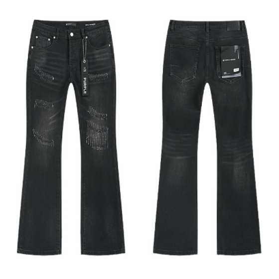 Black Washed Flared Denim Jeans with Rhinestone Mesh Lined Knee Distressing